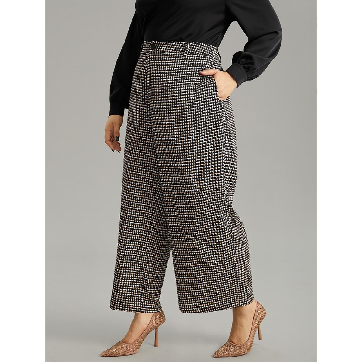Plus Size Houndstooth Elastic Waist Straight Leg Pants Women Black Office Straight Leg High Rise Work Pants BloomChic 14-16/1X Product Image