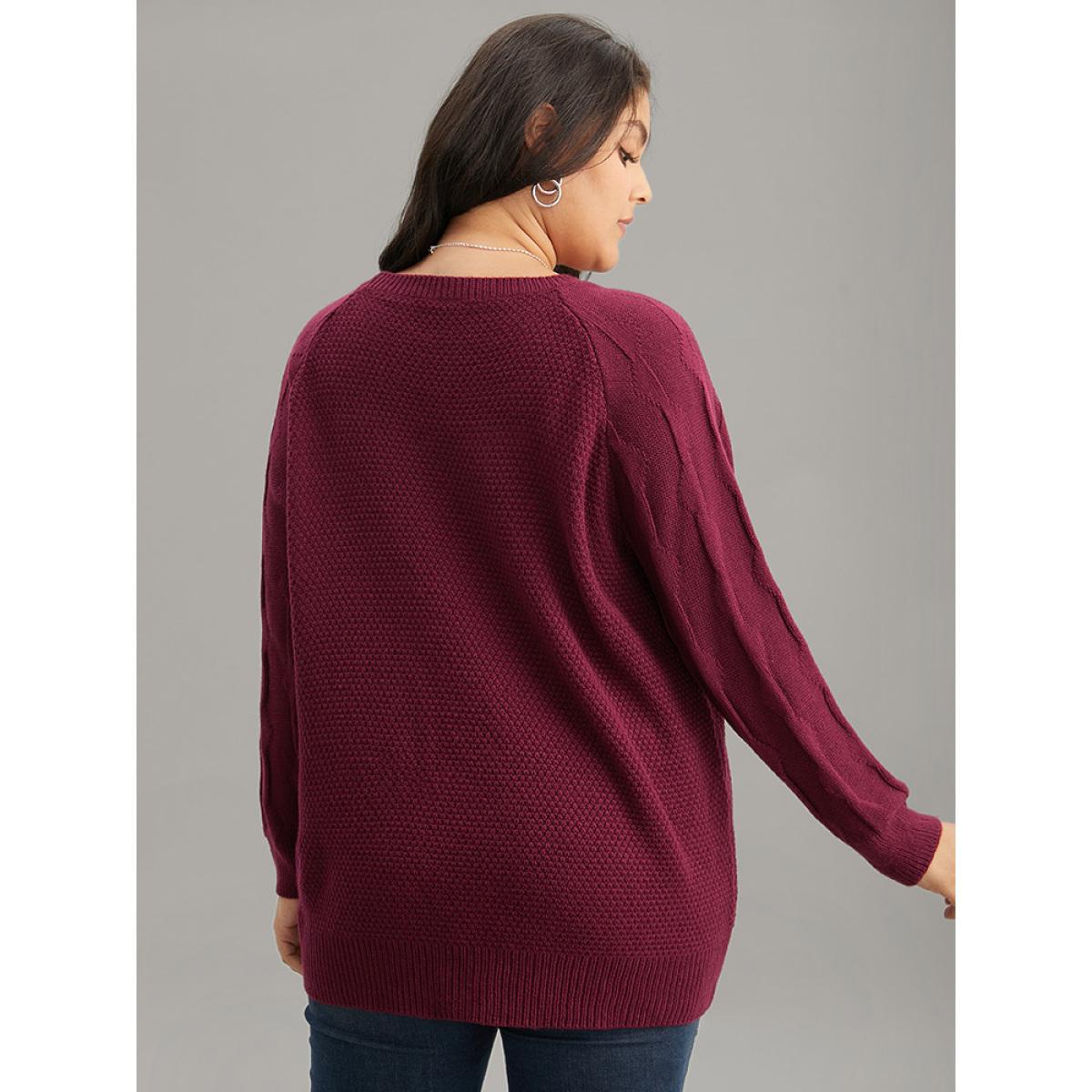 Plus Size Plain Texture Knit Raglan Sleeve Pullover Burgundy Women Casual Loose Long Sleeve Round Neck Dailywear Pullovers BloomChic 26/4X Product Image