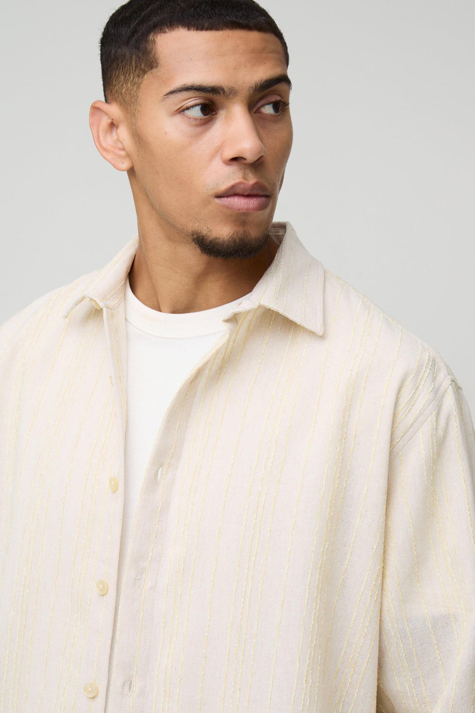 Super Oversized Linen Look Embroidery Striped Collared Shirt | boohooMAN USA Product Image