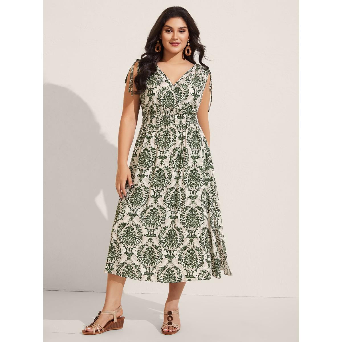 Plus Size Damask Print Surplice Sleeveless Midi Dress Truegreen Women Overlap Collar Sleeveless Curvy BloomChic 10/M Product Image