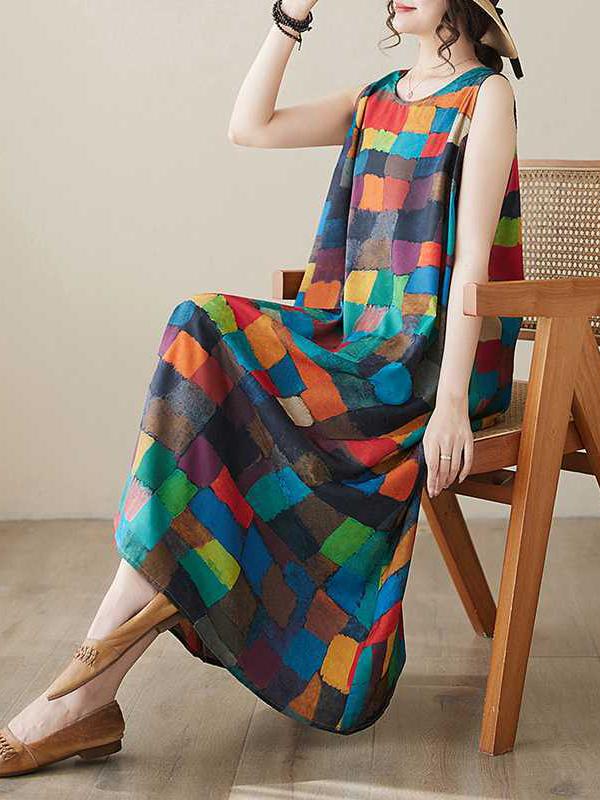 Loose Sleeveless Contrast Color Multi-Colored Plaid Round-Neck Midi Dresses Product Image