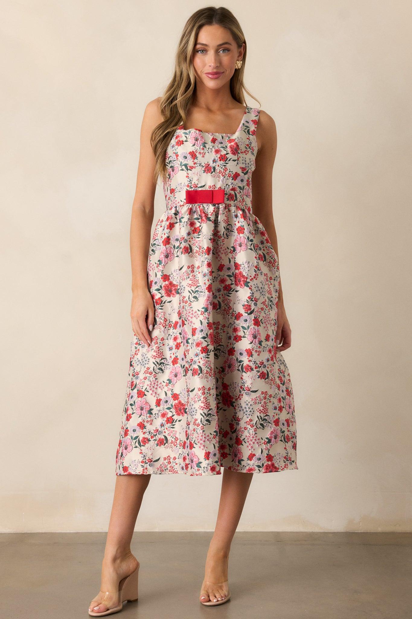 Sunlit Mornings Red Floral Jacquard Midi Dress Product Image