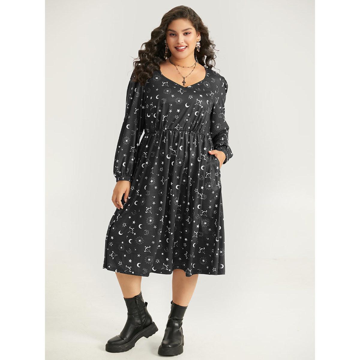 Plus Size Halloween Moon & Star Print Elastic Waist Lantern Sleeve Dress Black Women Casual Elastic cuffs Square Neck Long Sleeve Curvy Midi Dress BloomChic 28/5X Product Image