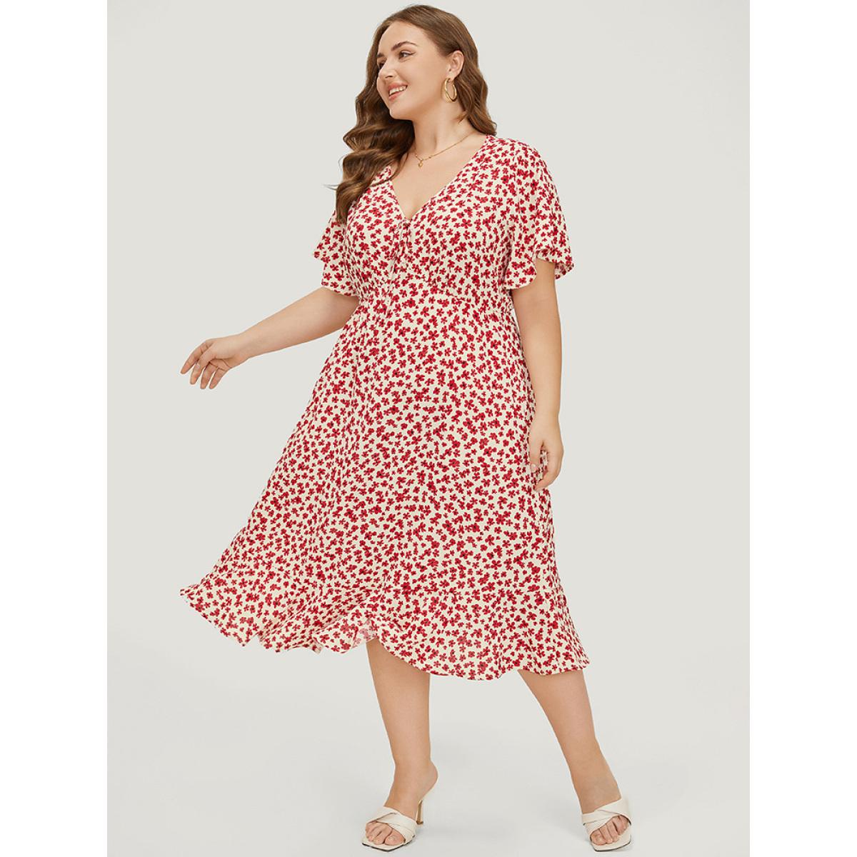 Plus Size Ditsy Floral Knot Front Pocket Ruffle Hem Dress Red Women Elegant Knotted V-neck Short sleeve Curvy Midi Dress BloomChic 30/6X Product Image