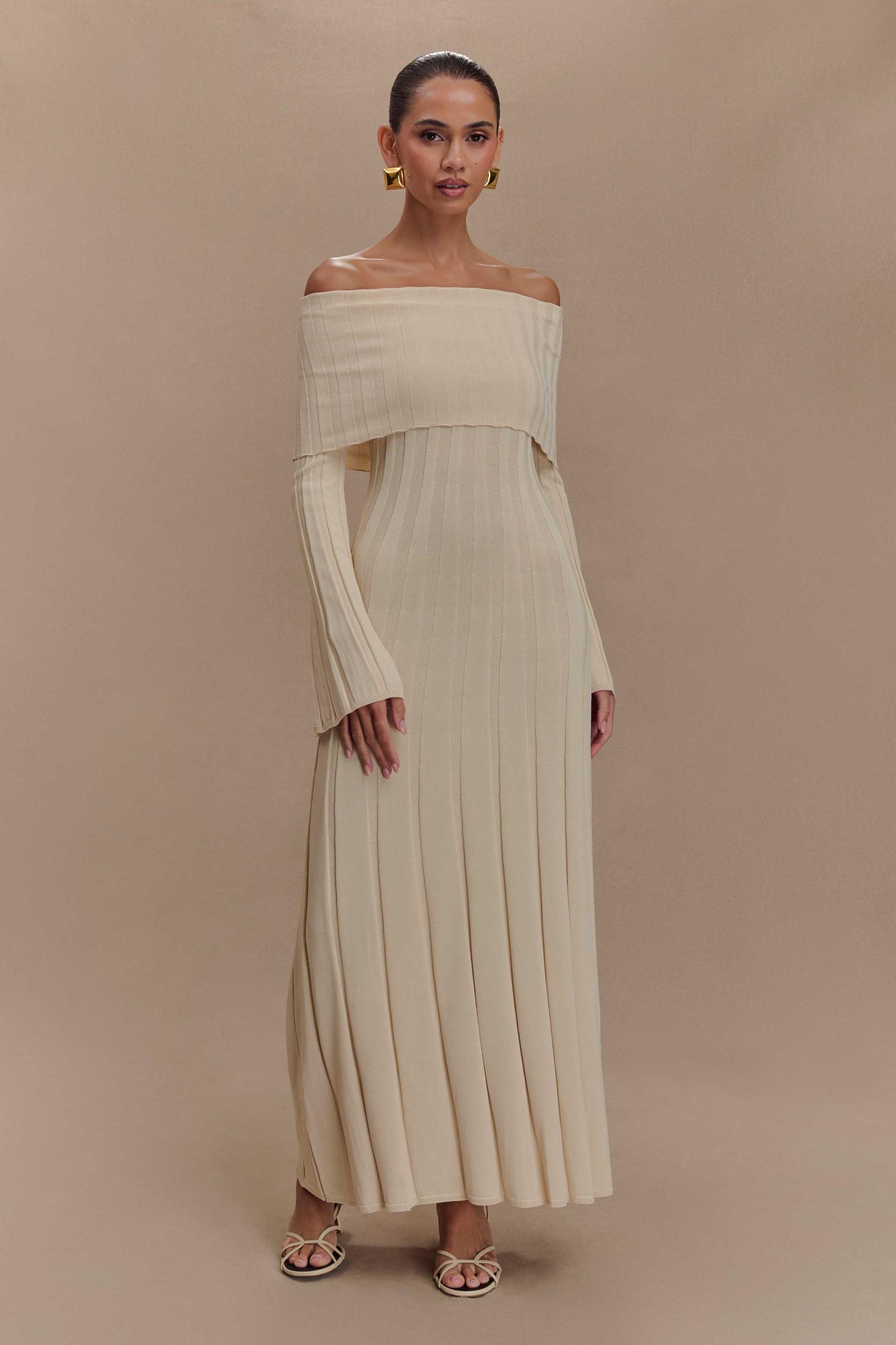 Alonza Long Sleeve Knit Midi Dress - Cream Product Image