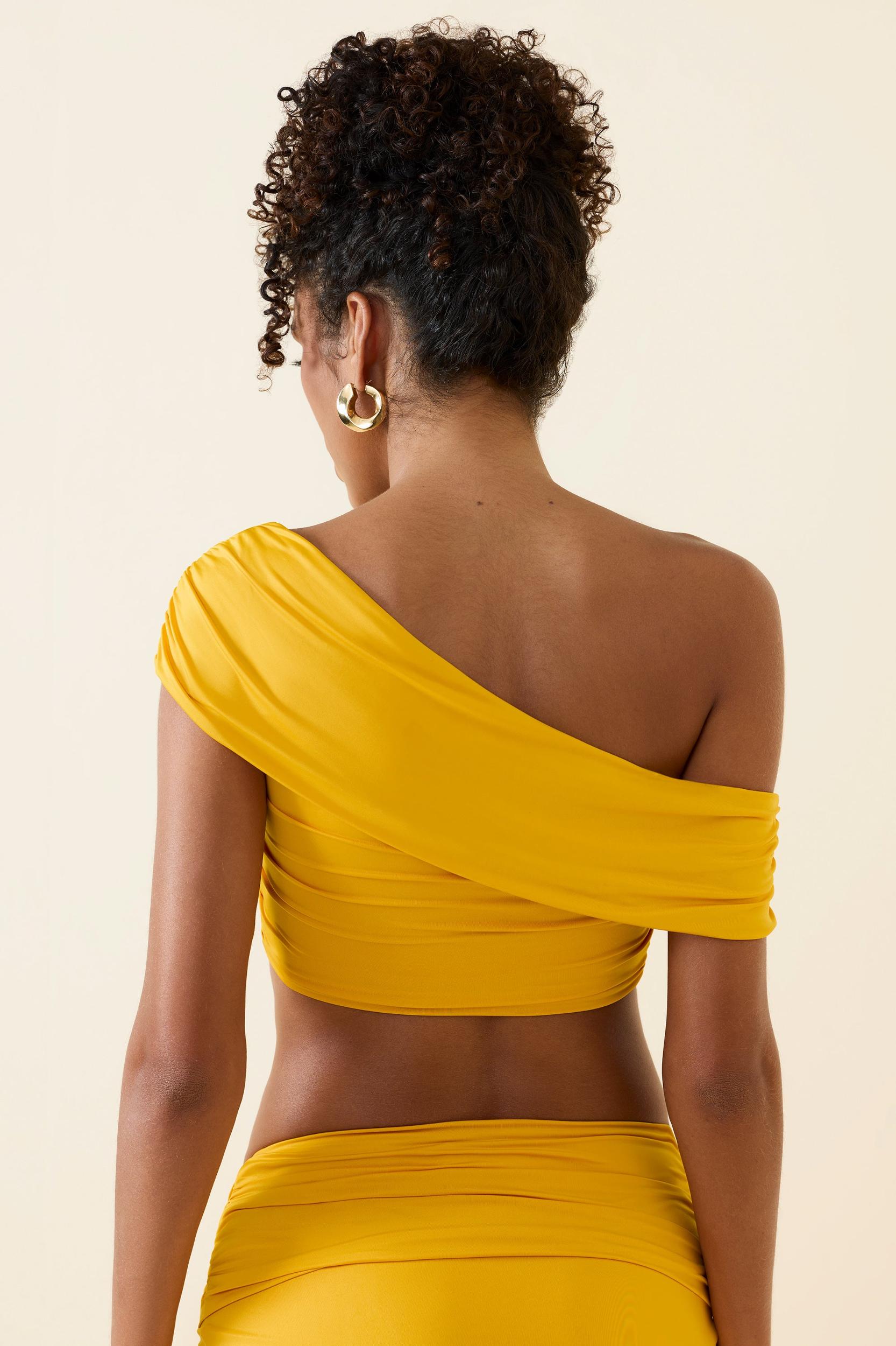 Asymmetric Ruched Off-Shoulder Crop Top in Golden Yellow Product Image