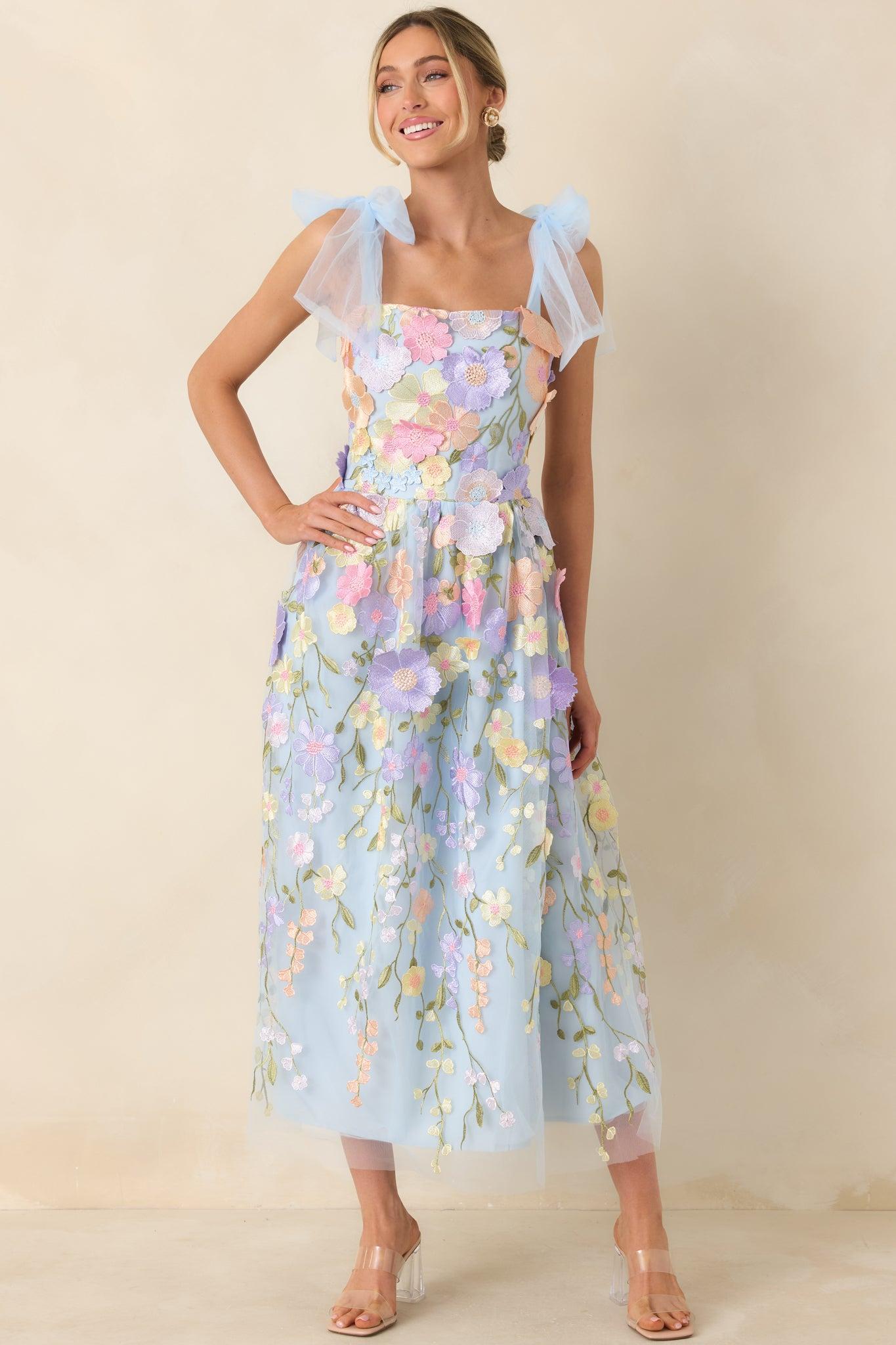 Spirit of Spring Light Blue Floral Embroidered Maxi Dress L / Light Blue Product Image