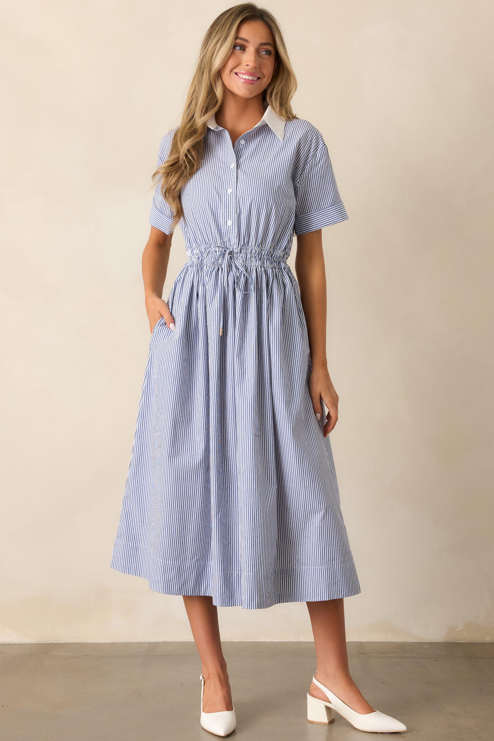 Making My Way Home Cotton Blue Stripe Short Sleeve Maxi Dress Product Image