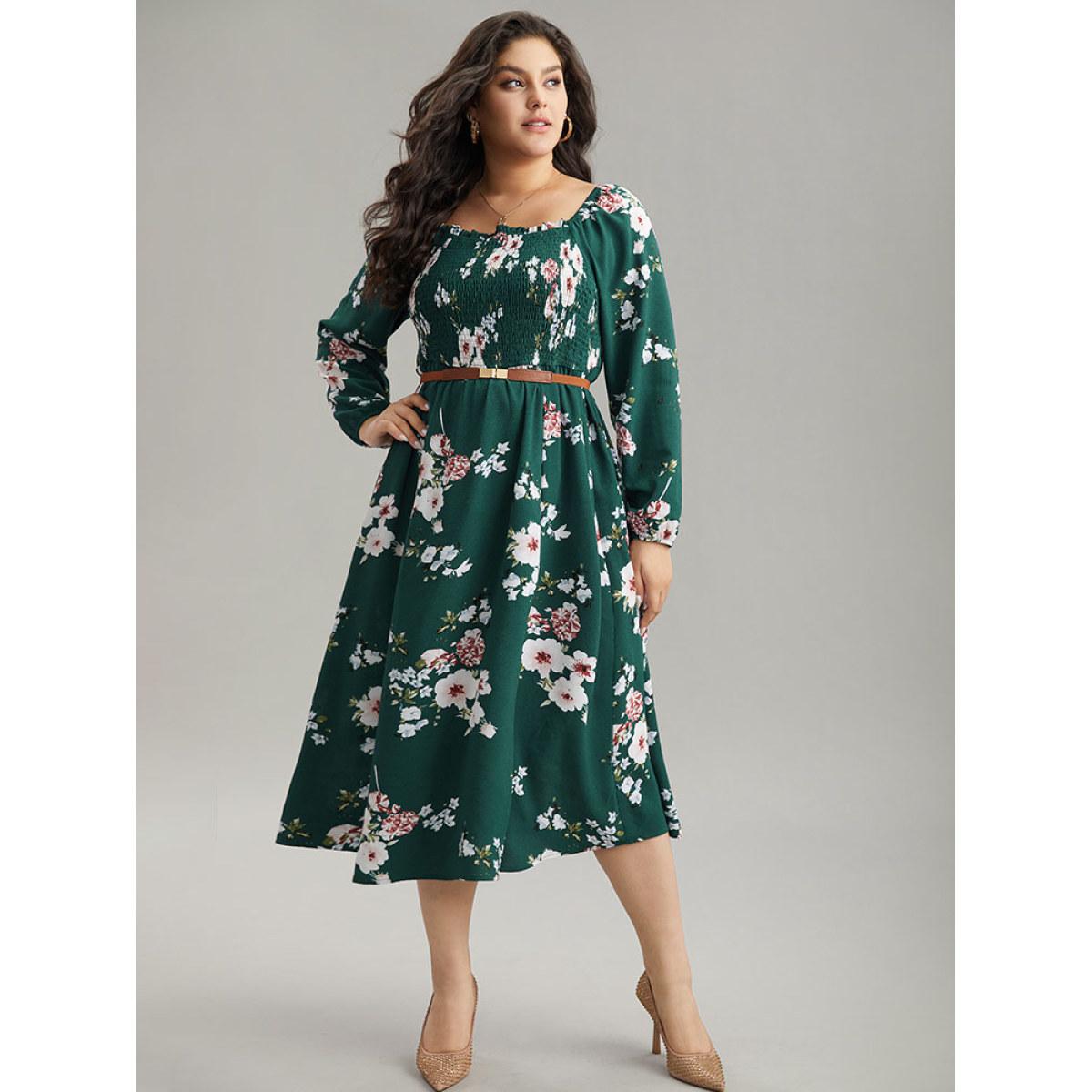 Plus Size Floral Print Split Hem Pocket Shirred Dress DarkGreen Women Elegant Elastic cuffs Square Neck Long Sleeve Curvy Midi Dress BloomChic 26/4X Product Image