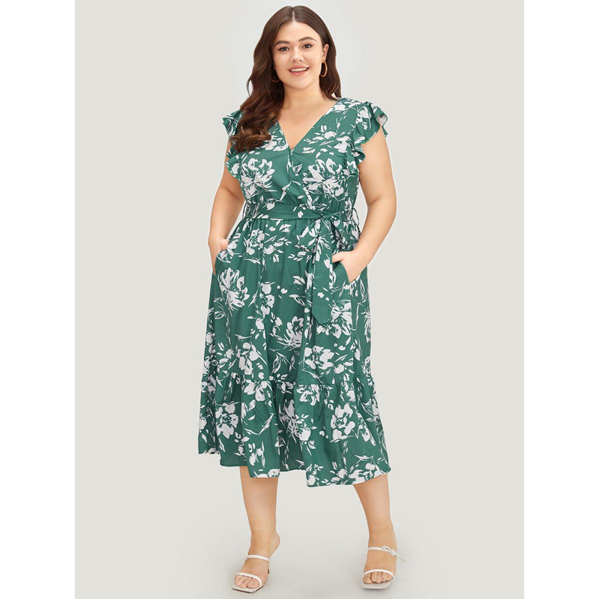 Plus Size Floral Print Belted Ruffle Cap Sleeve Pocket Dress Green Women Elegant Wrap V-neck Cap Sleeve Curvy Midi Dress BloomChic 22-24/3X Product Image