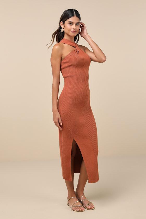 Effortless Twist Rust Brown Ribbed Twist-Front Cutout Midi Dress Product Image