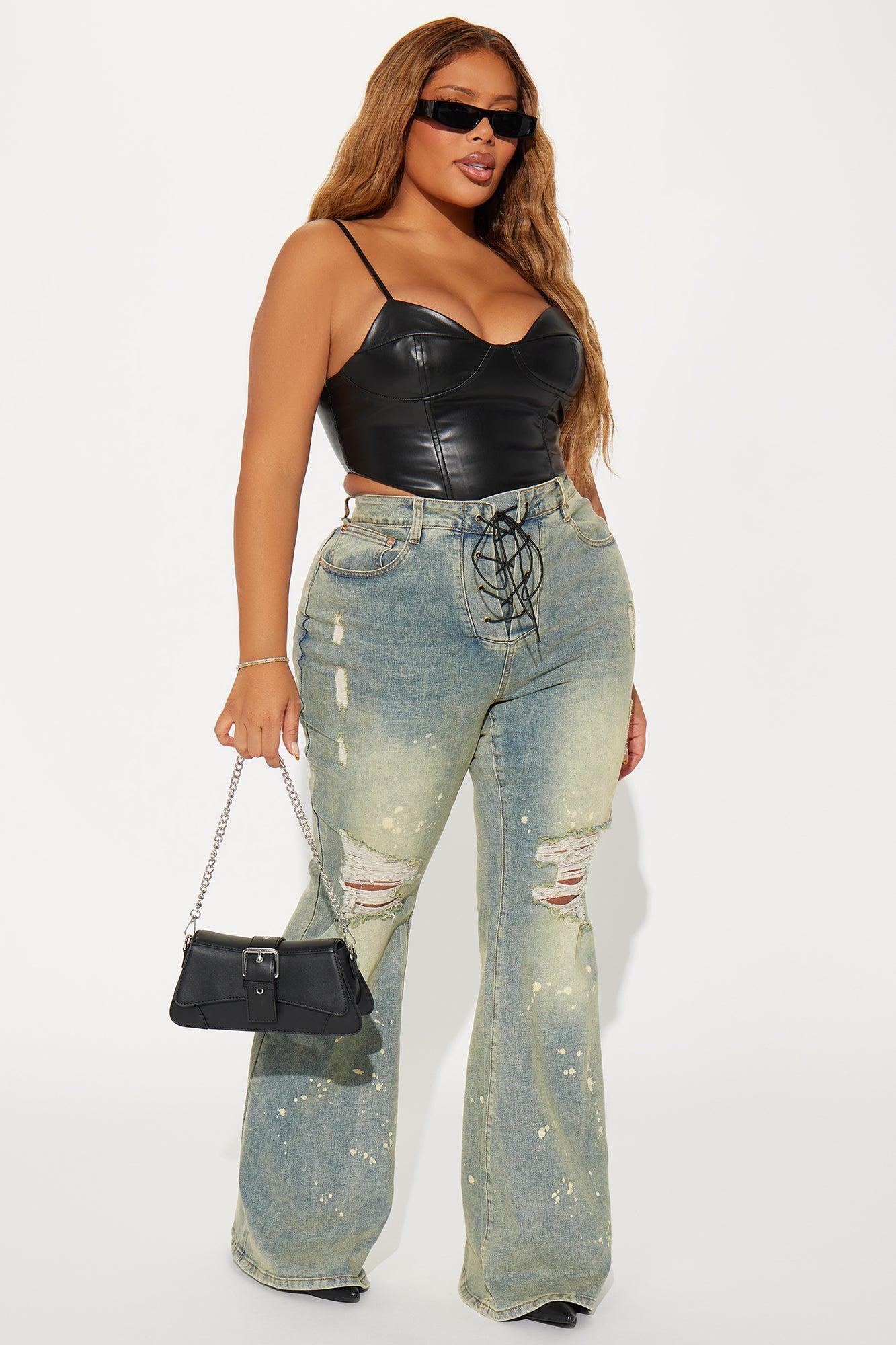 What Im About Stretch Lace Up Tinted Flare Jeans - Vintage Wash Product Image