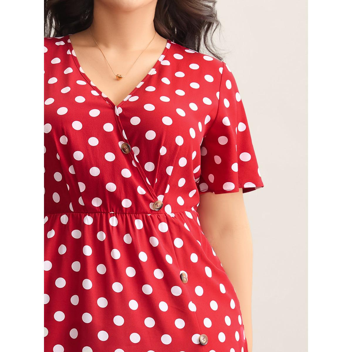 Plus Size Polka Dots Surplice Button Detail Midi Dress Burgundy Women Overlap Collar Short sleeve Curvy BloomChic 18-20/2X Product Image