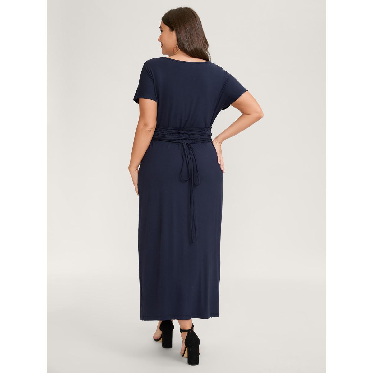 Plus Size Supersoft Waist-Tie Slit Maxi Dress Indigo Women Romantic Cross straps V-neck Short sleeve Curvy BloomChic 14-16/1X Product Image