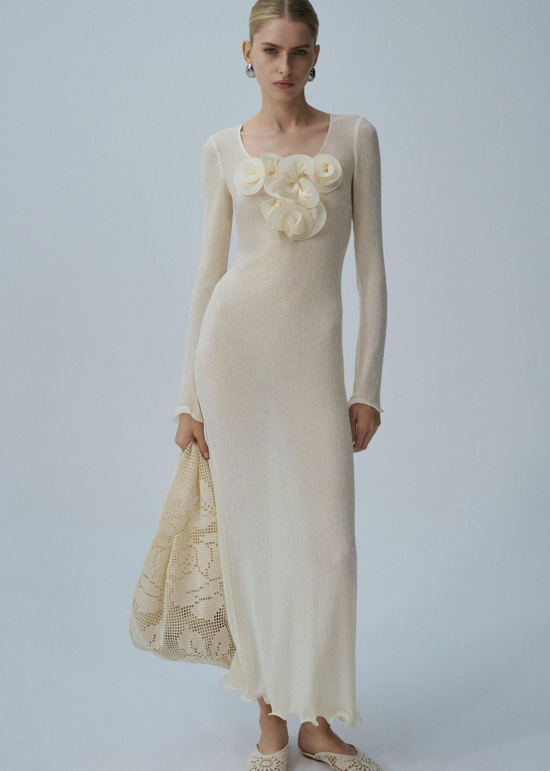 Long sleeve crepe beach maxi dress in cream Product Image
