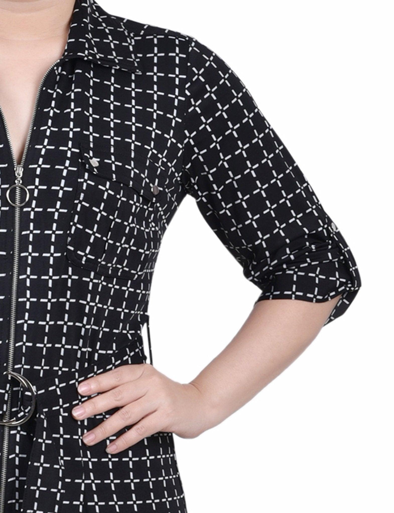 Black White Gridview Belted Roll Tab Zip Front Shirtdress - Petite Product Image