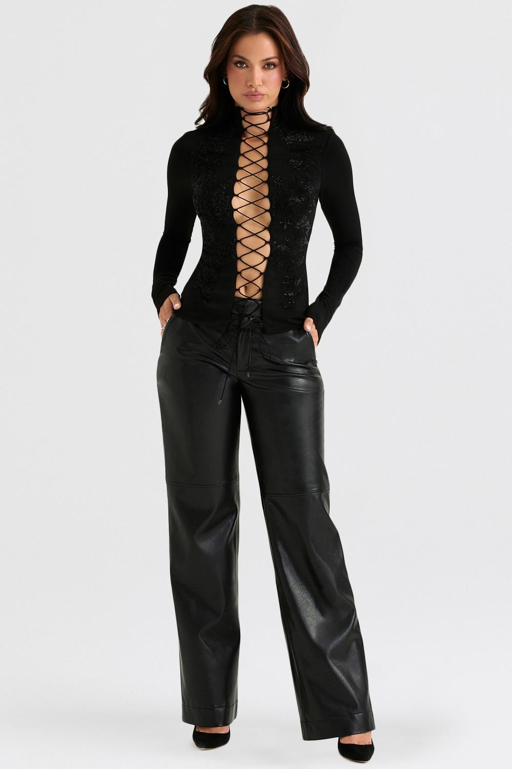 Lori  black crystallised lace up top Product Image