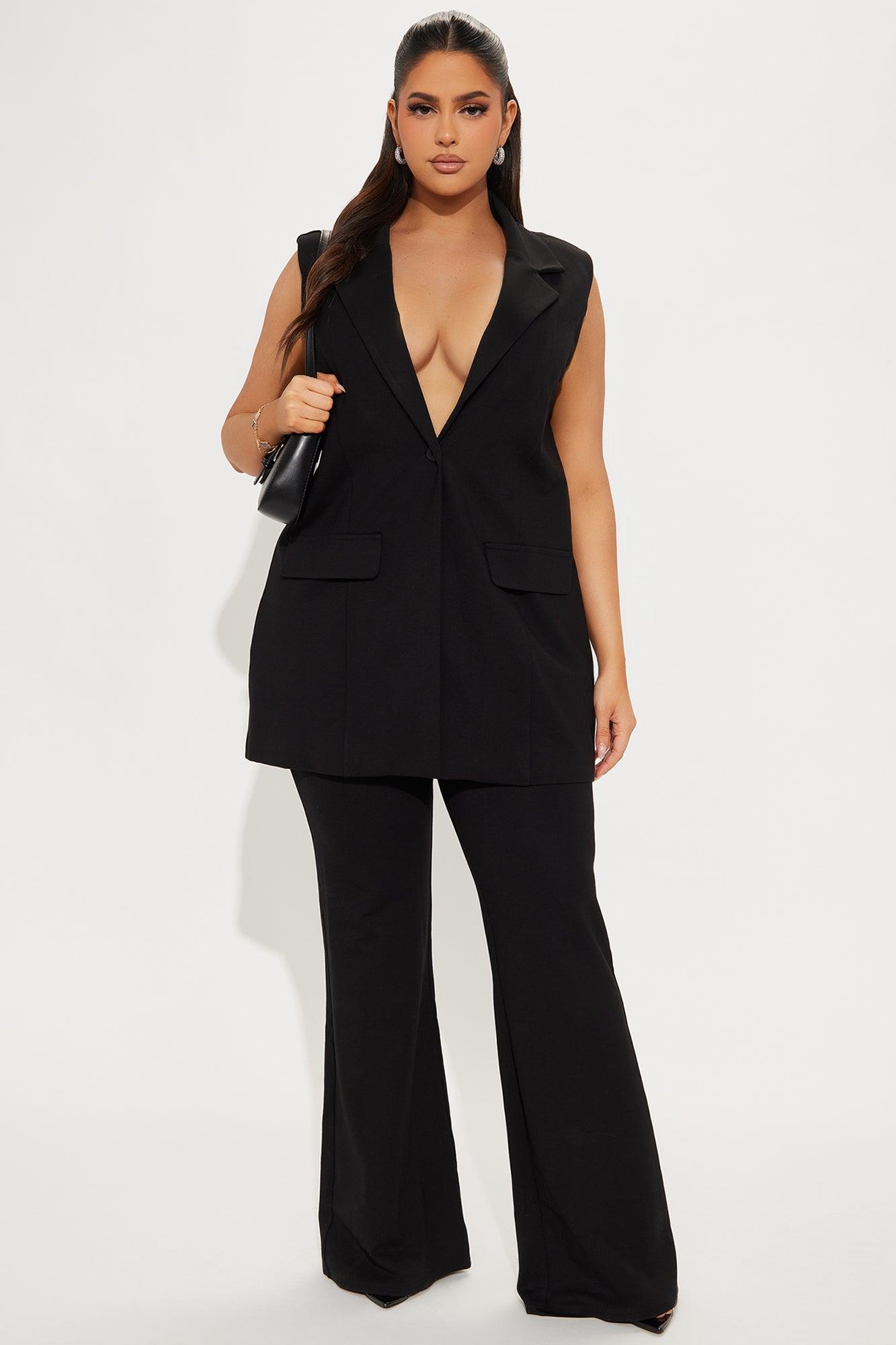 The Mia Double Lined Ponte Long Vest Pant Set - Black Product Image