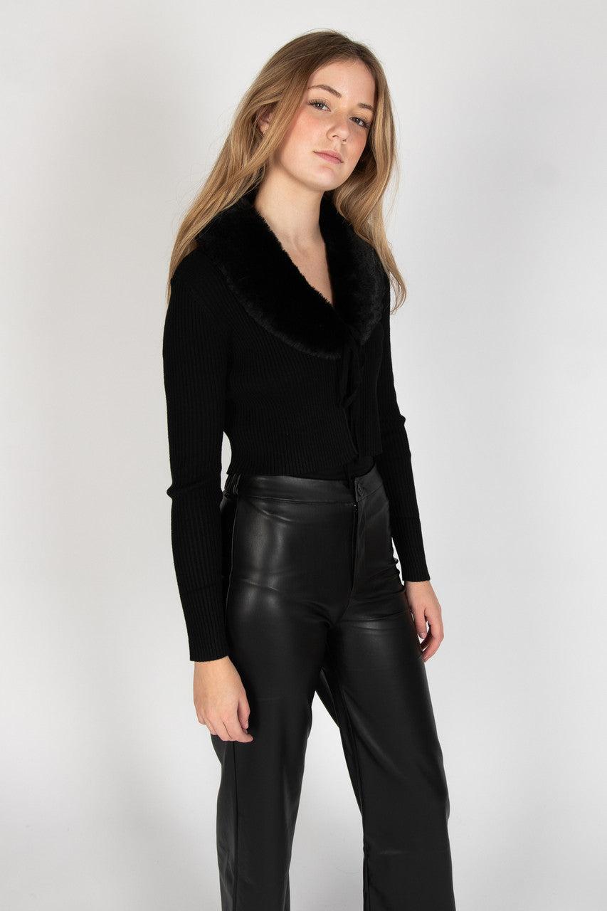 Faux Fur Collar Tie Front Cardigan Product Image