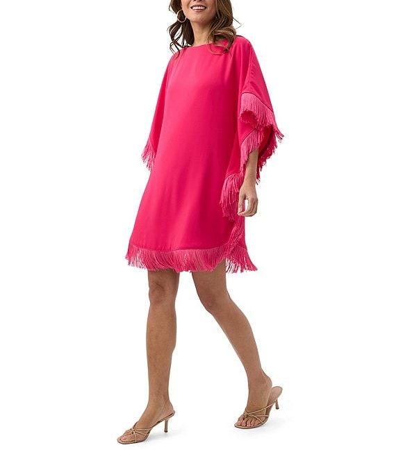 Trina Turk Neena Georgette Boat Neck Short Dolman Sleeve Fringe Caftan Mini Dress Product Image
