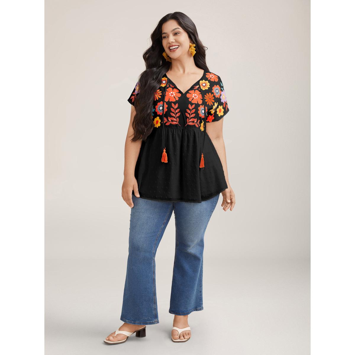 Plus Size Black Floral Print Neck-Tie Babydoll Top Women Resort Short sleeve Non Vacation Blouses BloomChic 28/5X Product Image