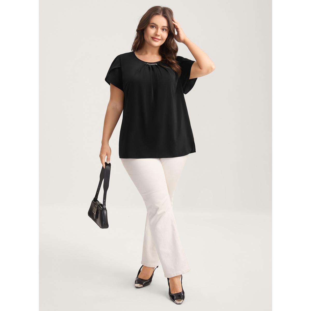 Plus Size Black Metallic Detail Pleated Solid Blouse Women Short sleeve Round Neck Work Blouses BloomChic 12/L Product Image