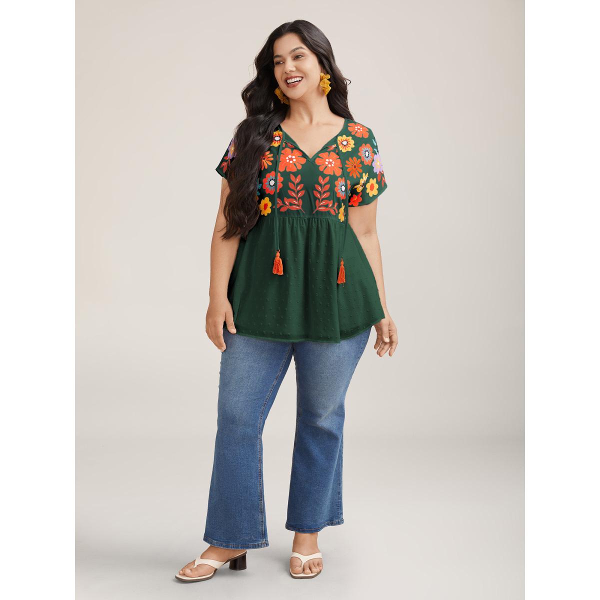 Plus Size DarkGreen Floral Print Neck-Tie Babydoll Top Women Resort Short sleeve Non Vacation Blouses BloomChic 18-20/2X Product Image