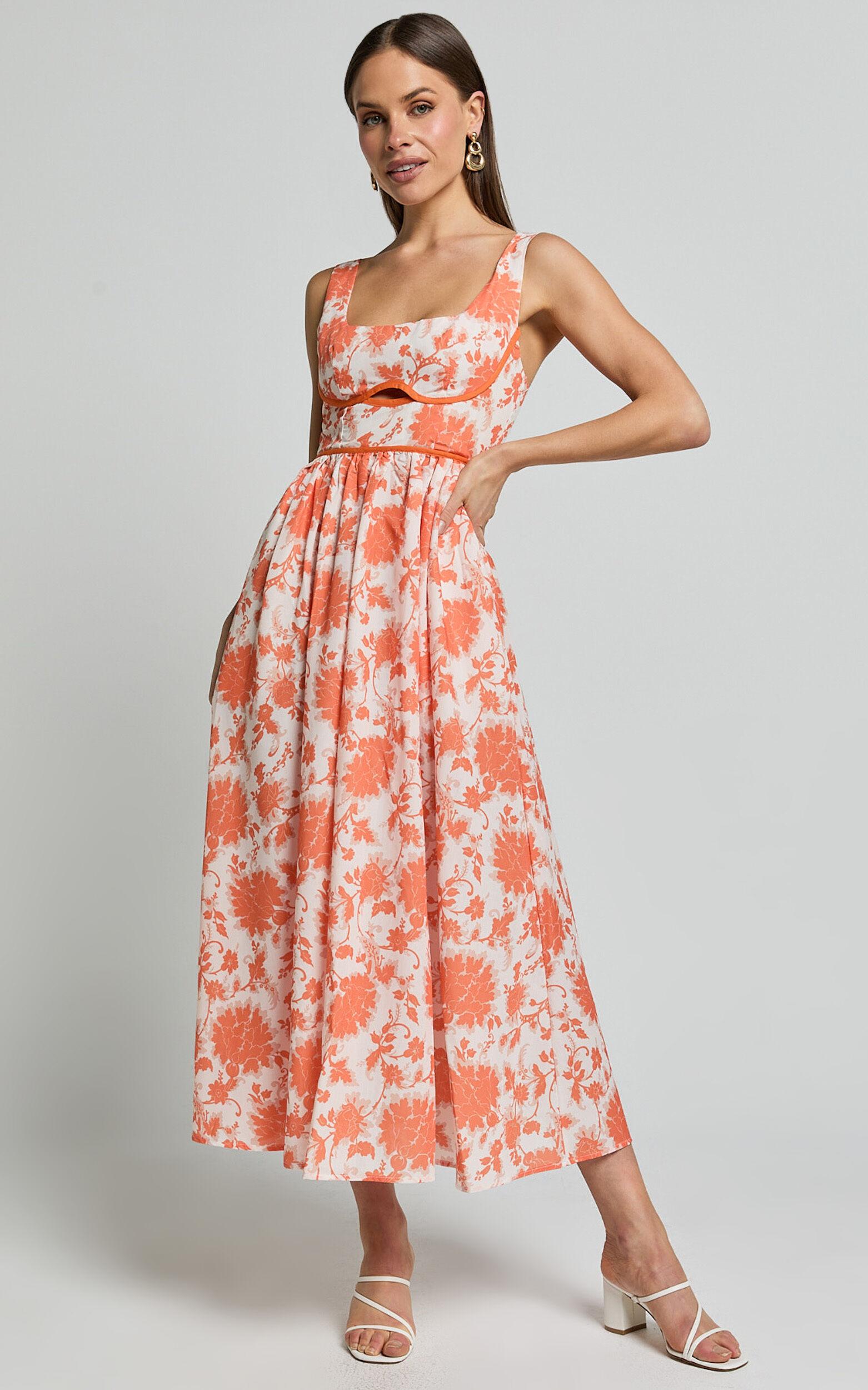 Chira Midi Dress - Front Cut Out Thigh Split Dress in Orange Floral Product Image