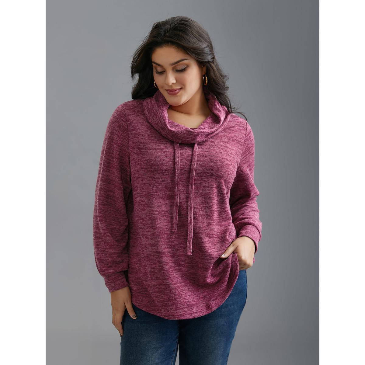 Plus Size Cowl Neck Plain Heather Drawstring Sweatshirt Women RedViolet Casual Drawstring Loose Ruffled collar Everyday Sweatshirts BloomChic 22-24/3X Product Image