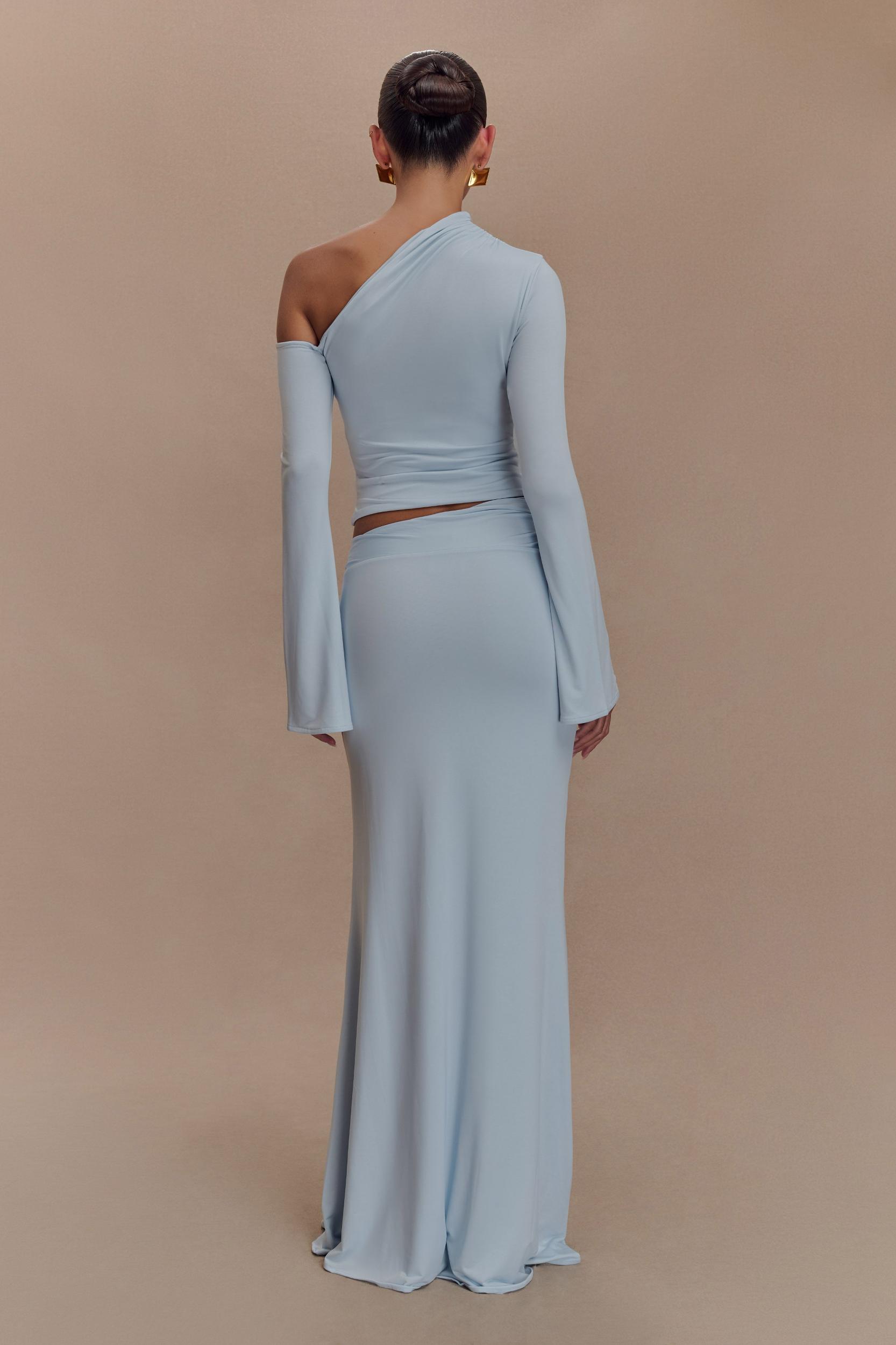 Ainsley Asymmetrical Maxi Skirt With Floral Hardware - Pale Blue Product Image