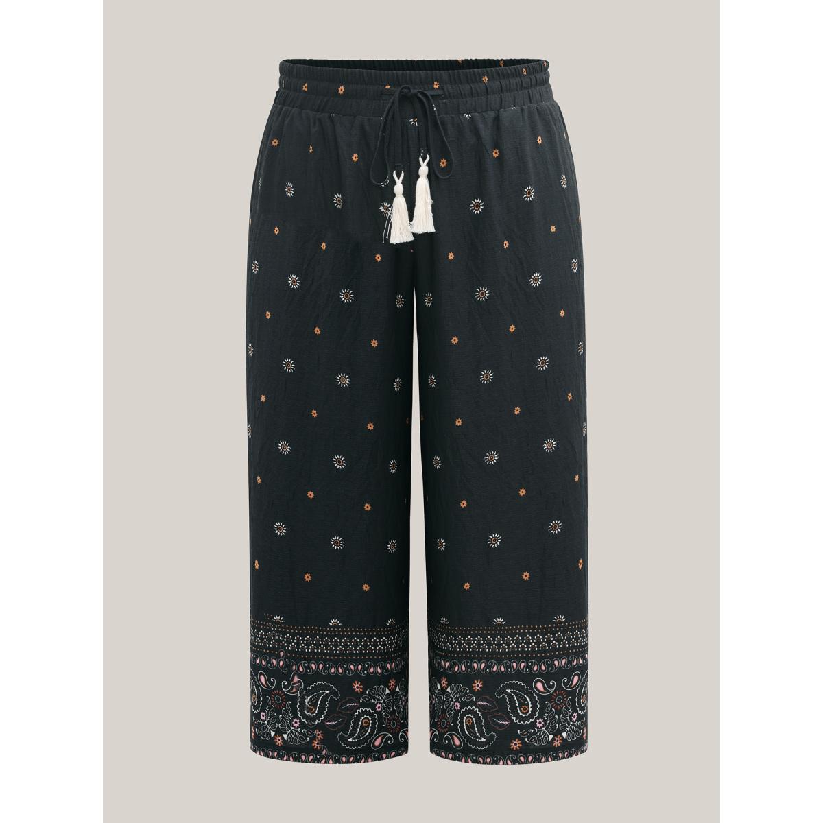 Plus Size Paisley Print Wide-Leg Airy Pants Women BlackFlower Boho Wide Leg Mid Rise Vacation Pants BloomChic 30/6X Product Image