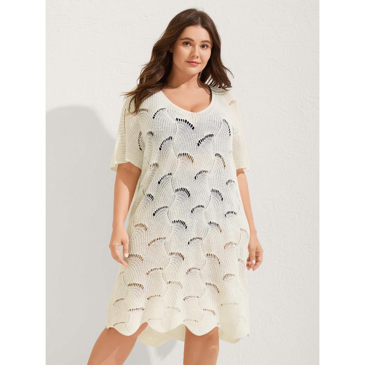 Plus Size Cut-Out Solid V-Neck Swimsuit Coverup Women's Swimwear Ivory Resort Loose Texture Curve Swim Cover Ups BloomChic 12/L Product Image