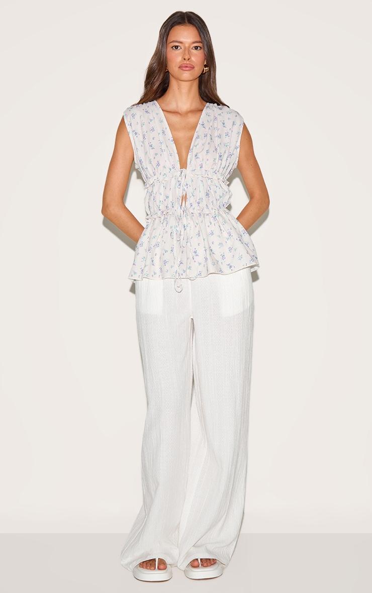 Cream Floral Chiffon Tie Front Top Product Image