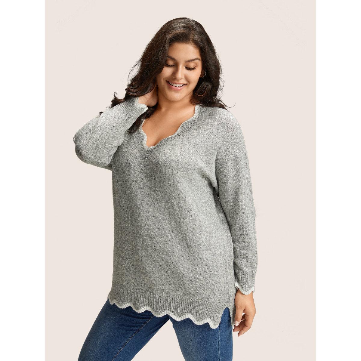 Plus Size Contrast Split Side Scalloped Trim Pullover Silver Women Casual Long Sleeve V-neck Everyday Pullovers BloomChic 30/6X Product Image
