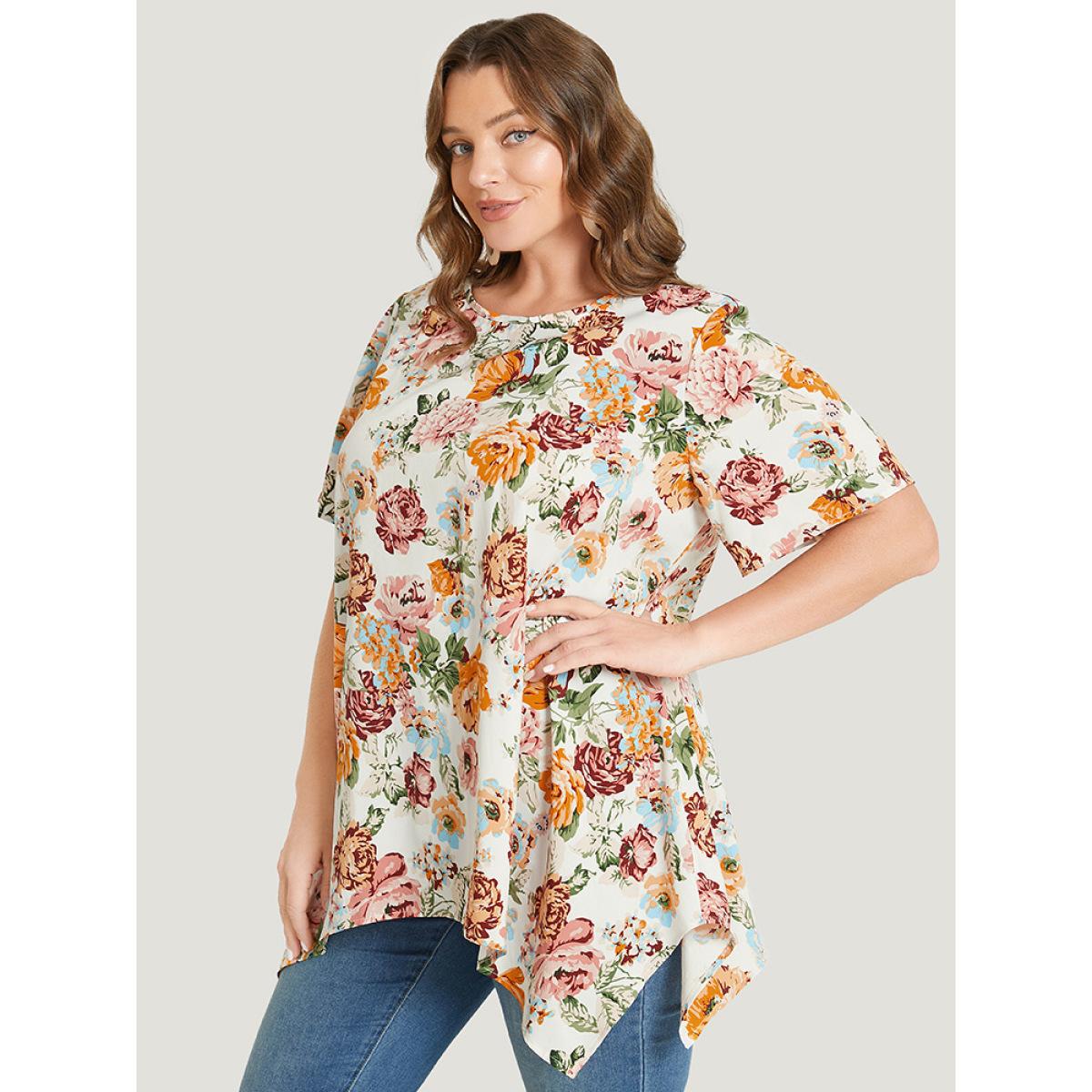 Plus Size Multicolor Floral Print Hanky Hem Blouse Women Elegant Short sleeve Round Neck Dailywear Blouses BloomChic 22-24/3X Product Image