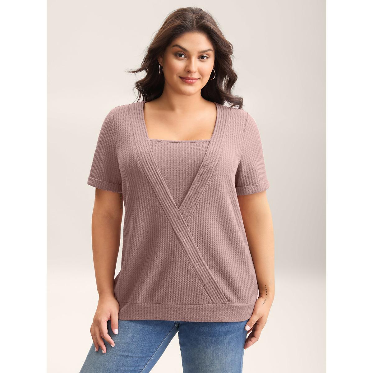 Plus Size 2-in-1 Wrap Textured Solid T-Shirt Dirtypink Women Casual Overlapping Non Everyday-Casual T-shirts BloomChic 22-24/3X Product Image