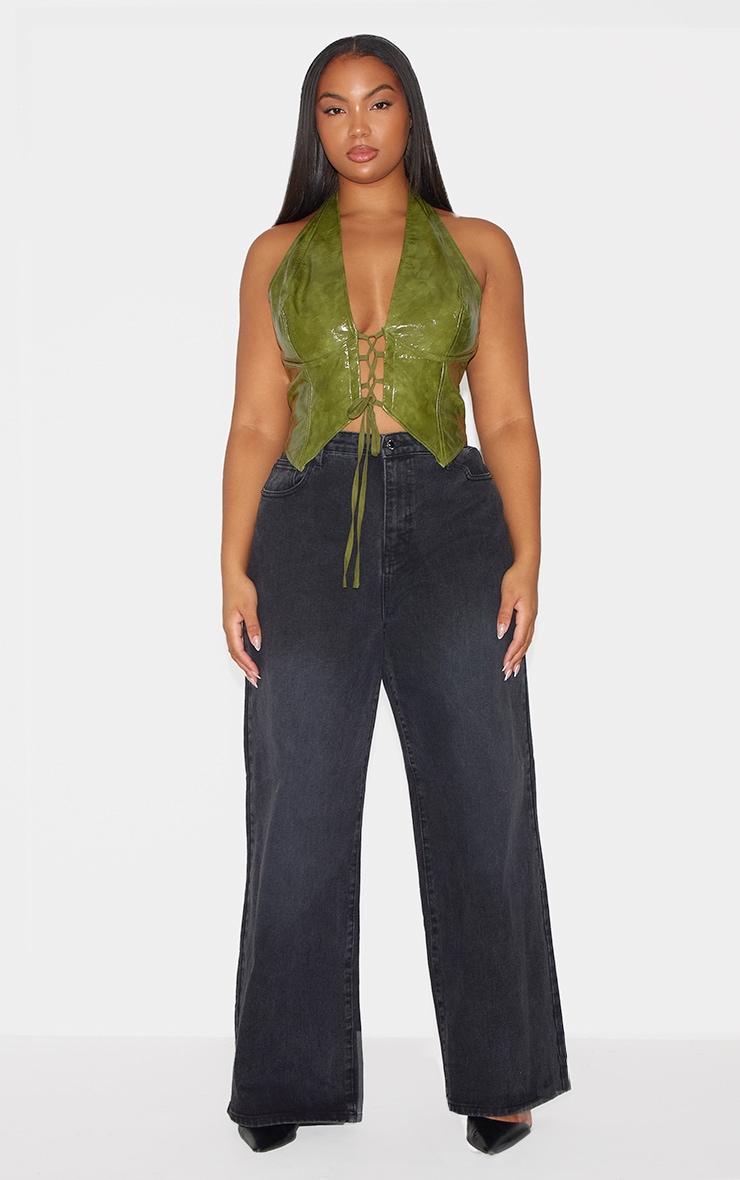 Plus Washed Olive Faux Leather Lace Up Plunge Halterneck Top Product Image