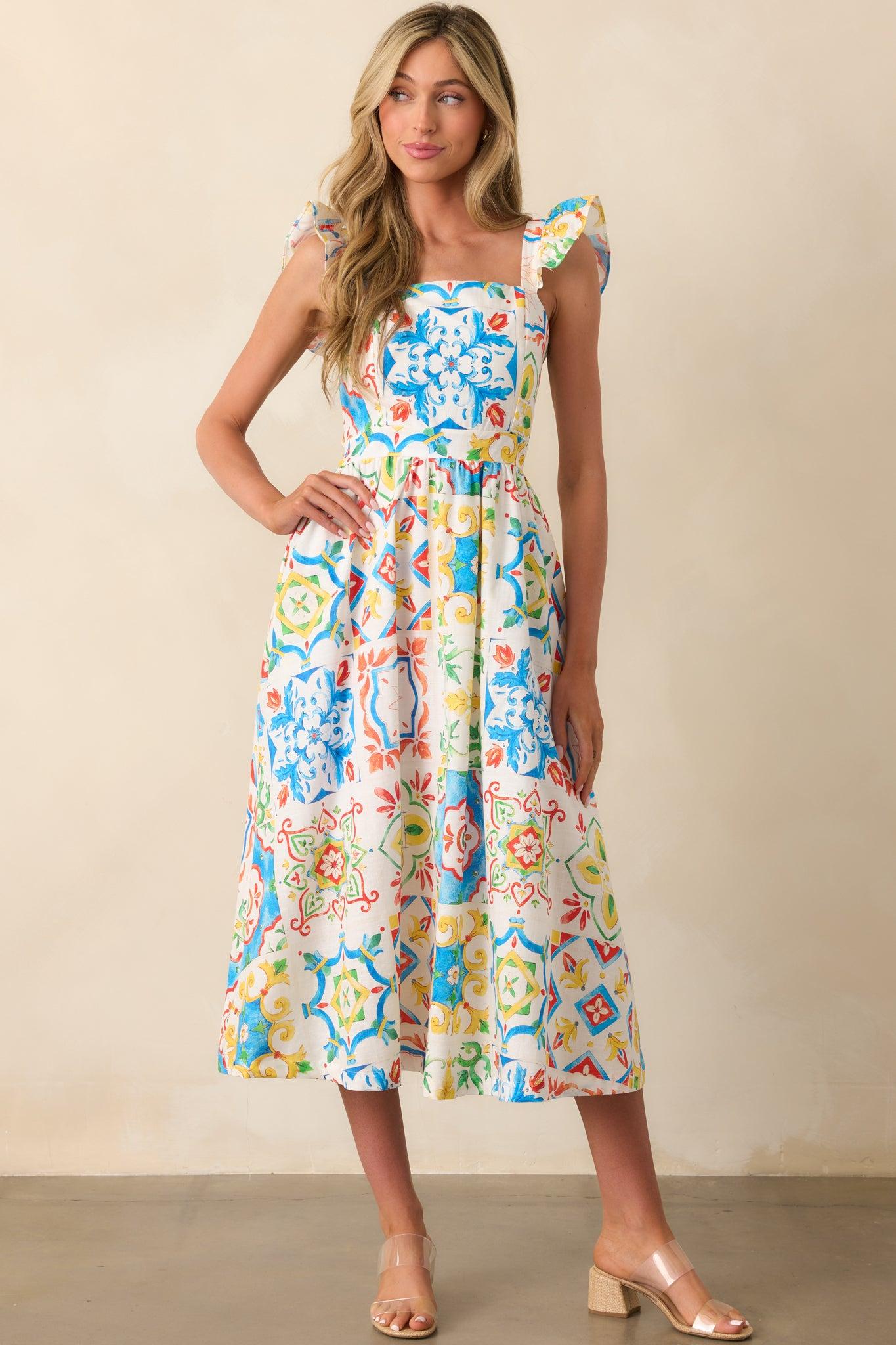 Prosperina Nicola Blue Multi Sicilian Tile Print Linen Ruffle Midi Dress Product Image