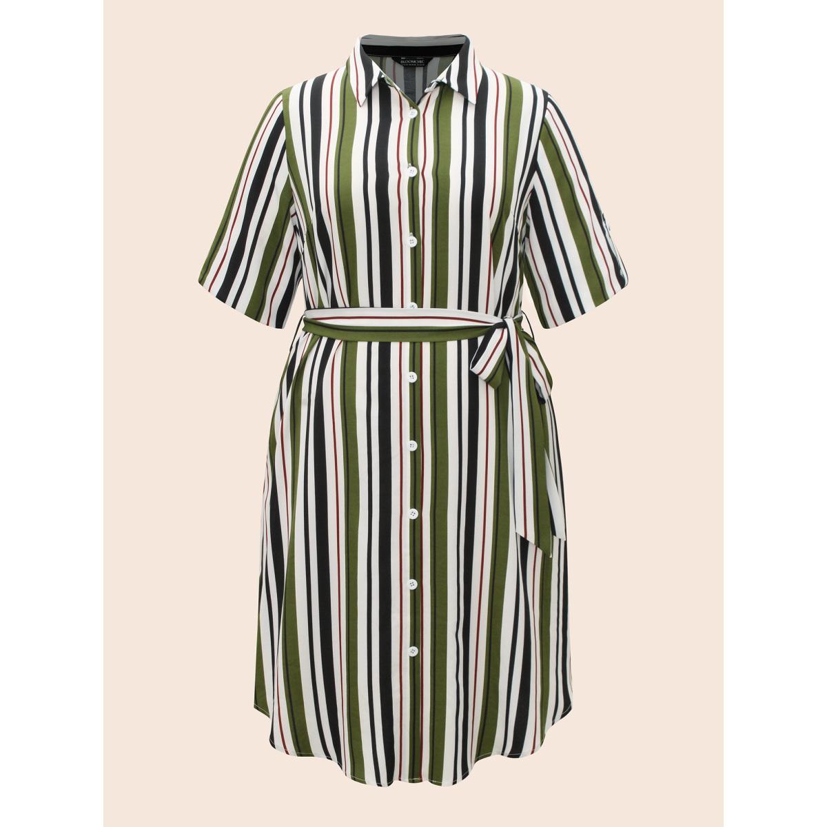 Plus Size Striped Tab Sleeve Arc Hem Dress Multicolor Women Workwear Essentials Belted Shirt collar Elbow-length sleeve Curvy BloomChic 26/4X Product Image