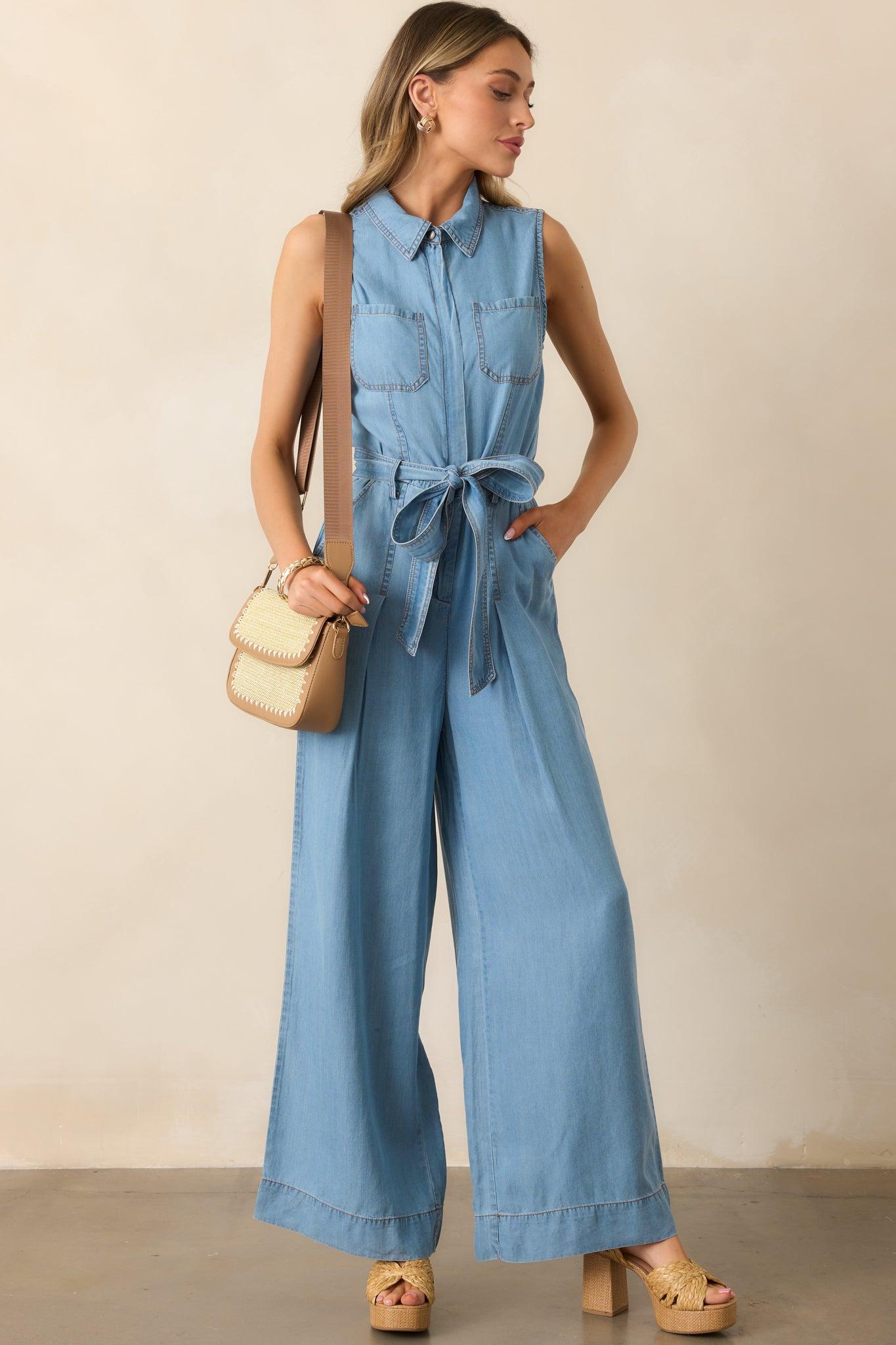 Best Foot Forward Blue Chambray Sleeveless Jumpsuit Product Image