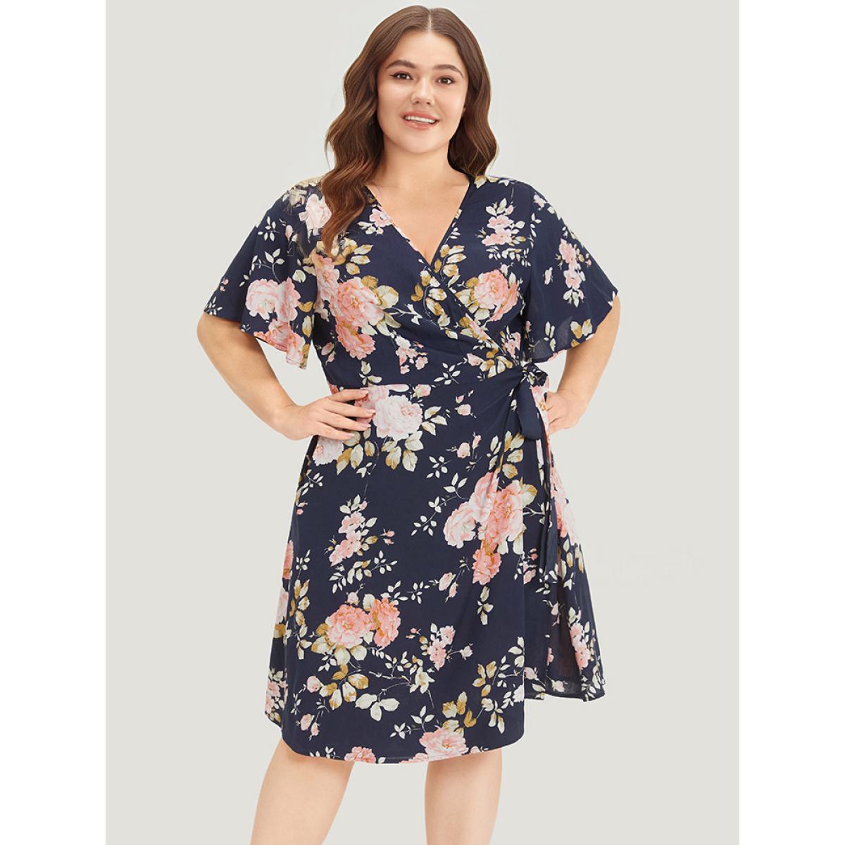 Plus Size Floral Print Pocket Knot Ruffle Sleeve Wrap Dress DarkBlue Women Elegant Wrap V-neck Half Sleeve Curvy Knee Dress BloomChic 30/6X Product Image