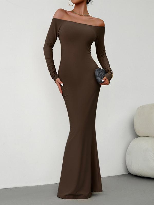 Solid Off Shoulder Long Sleeve Bodycon Maxi Dress Product Image