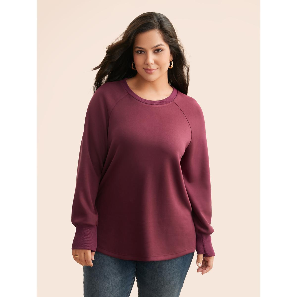 Plus Size Solid Raglan Sleeve Slit Hem Sweatshirt Women Plum Casual Slit Loose Non Everyday Sweatshirts BloomChic 22-24/3X Product Image