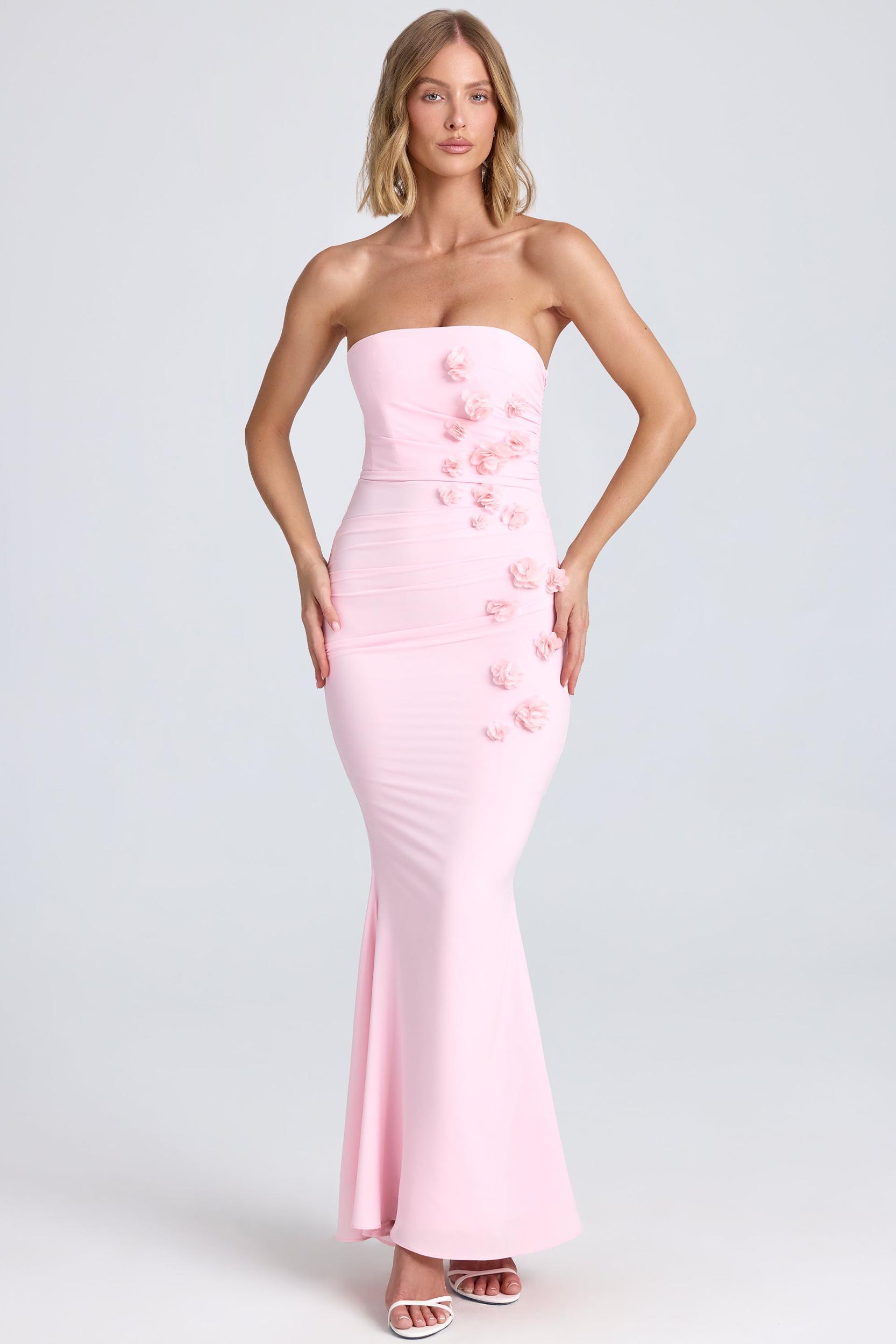Draped Floral-Appliqué Maxi Dress in Blush Product Image