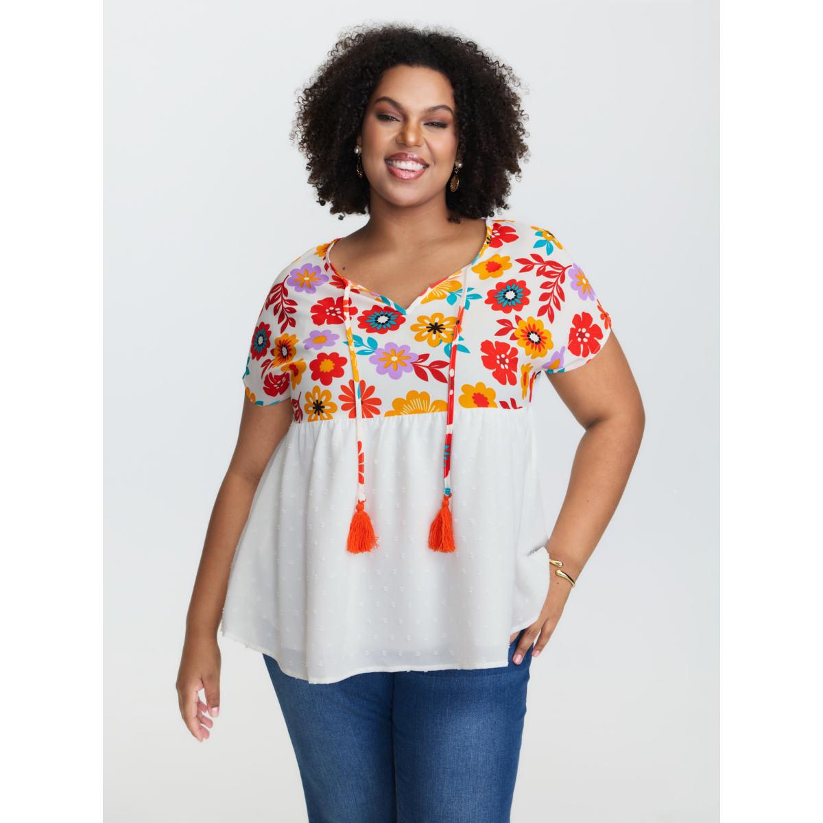 Plus Size WhiteSmoke Floral Print Neck-Tie Babydoll Top Women Resort Short sleeve Non Vacation Blouses BloomChic 28/5X Product Image