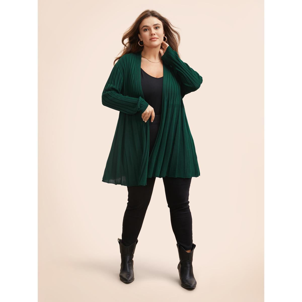 Plus Size Plain Textured Kimono Collar Cardigan DarkGreen Women Timeless Loose Long Sleeve Elegant Cardigans BloomChic 22-24/3X Product Image