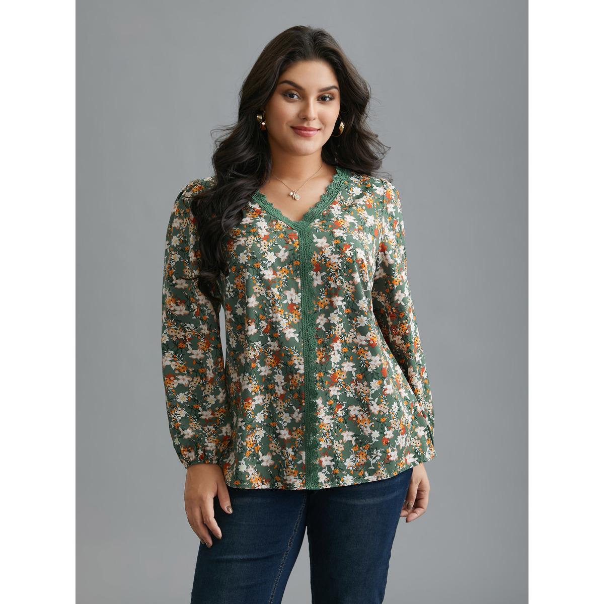 Plus Size Sage Floral Lace Panel Lantern Sleeve Blouse Women Elegant Long Sleeve V-neck Everyday Blouses BloomChic 10/M Product Image