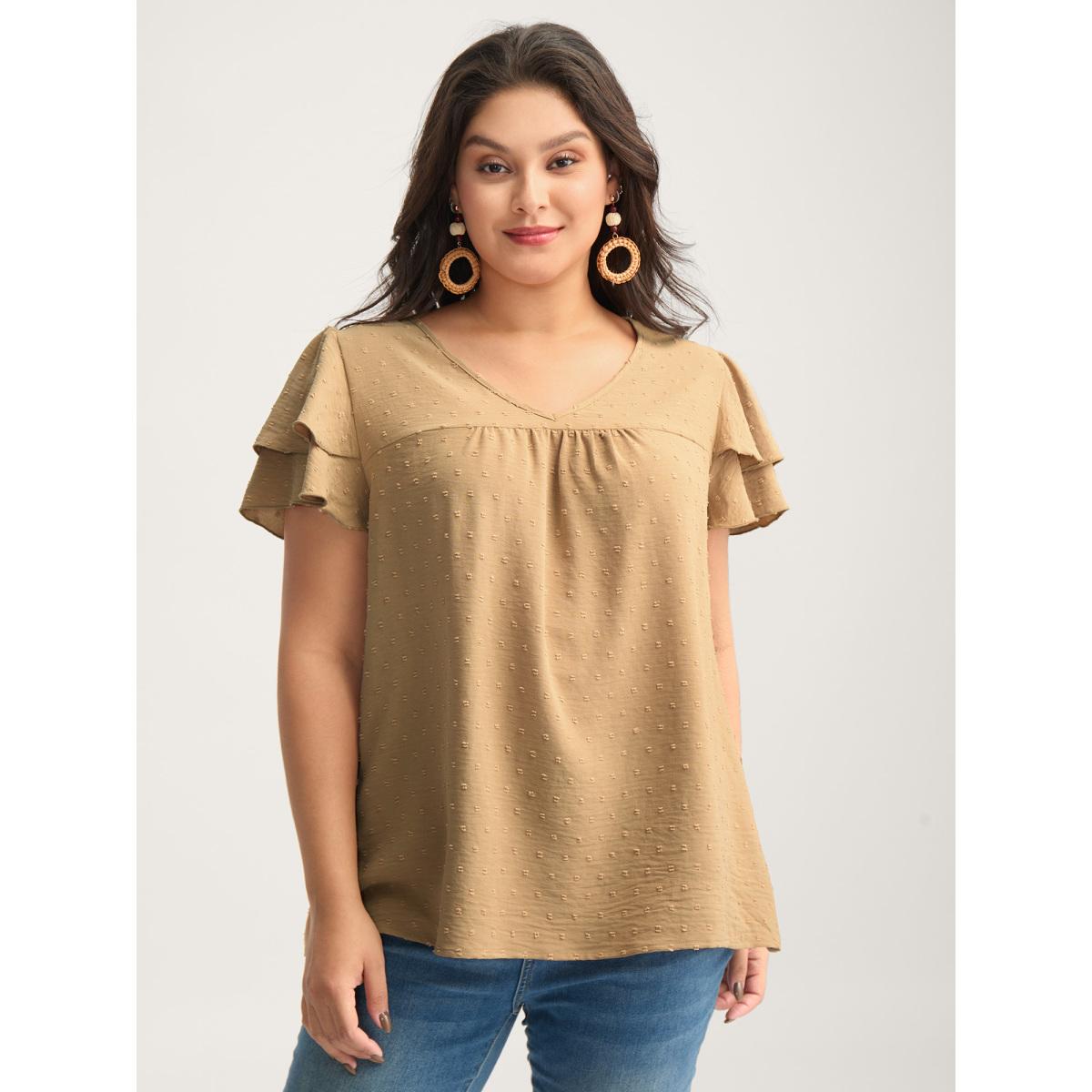 Plus Size Tan Textured Bust-Comfort Layered Sleeve Blouse Women Short sleeve V-neck Vacation Blouses BloomChic 30/6X Product Image