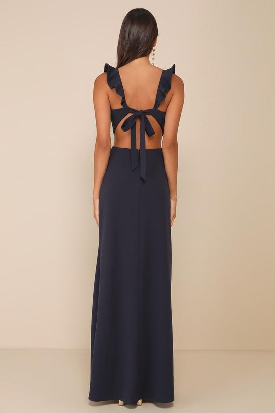 Captivating Charisma Navy Ruffled Cutout Tie-Back Maxi Dress Product Image
