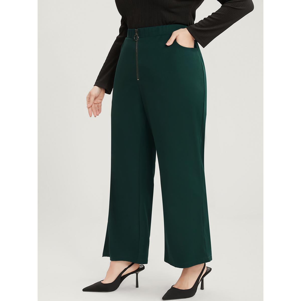 Plus Size Solid O Ring Zipper Pocket Elastic Waist Wide Leg Pants Women DarkGreen Office Wide Leg High Rise Office Pants BloomChic 26/4X Product Image
